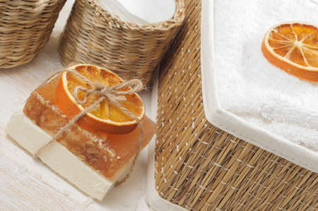 Accessories for bath on the white wooden backgroundの写真素材