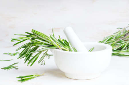 Rosemary twigs in the pounder on white wooden table. Food fotoの写真素材