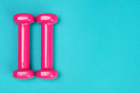 Pink dumbbells on the sport mat. Minimalistic design photoの写真素材