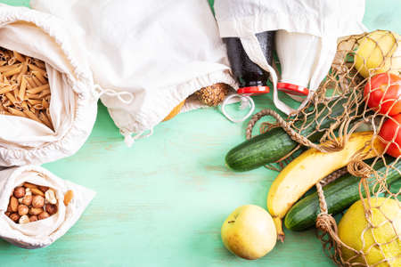Organic food in reusable bags. Zero waste concept. Natural products free of synthetic gloss