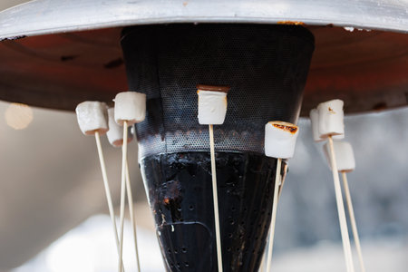 Festive atmosphere of a Christmas market with roasted marshmallowsの写真素材