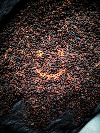 smile emoticon in cocoa beans can be used for walpaper and backgroundの写真素材