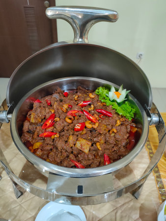 stir-fried beef with chili and vegetables in a stainless steel potの写真素材