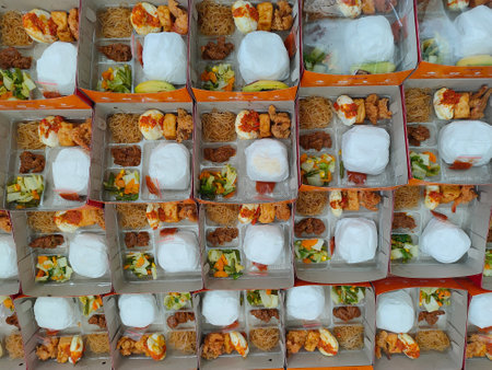 Thai style food in plastic box on street food market, Thailand.の写真素材