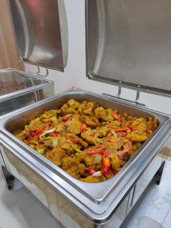 catering buffet food indoor in luxury restaurant with meat and vegetablesの写真素材