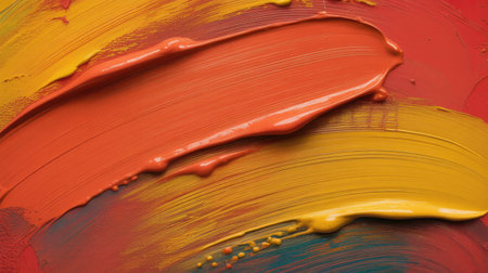 Close-up view of an abstract painting featuring thick, impasto brushstrokes of orange and gold paint. The strokes are dynamic and swirling, creating a sense of movement and energy.  A prominent, broad orange stroke lies atop a layer of gold, with hints of red and teal visible underneath. The paint texture is highly visible, showing the thickness and individual brush marks. The overall color palette is warm and vibrant.の写真素材