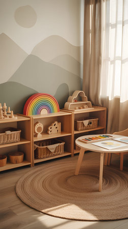 Category: showing colorful wooden rainbow toy on a shelf in a bright nursery room :...の写真素材