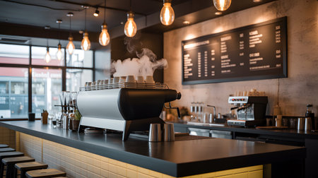Coffee shop counter with espresso machine, steaming cups, and menu boards. Clear details and vibr...の写真素材