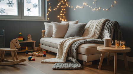 A cozy living room with a sofa, blankets, a rocking horse, and children's toys on the floor.の写真素材