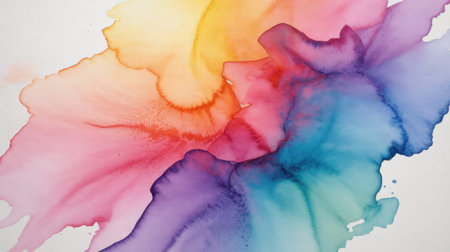 An abstract watercolor painting featuring a flowing blend of soft pastel hues.  The colors transition smoothly from warm yellows and oranges at the top to cool blues and greens at the bottom, with vibrant purples and pinks in between. The paint appears to be applied in a loose, fluid manner creating a soft and ethereal texture. The overall mood is calm and serene. The image is suitable for use as a background or design element.の写真素材