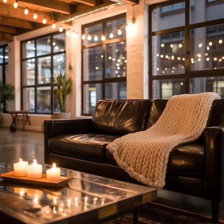 A cozy living room with a leather sofa, knitted blanket, lit candles, and warm string lights.の写真素材
