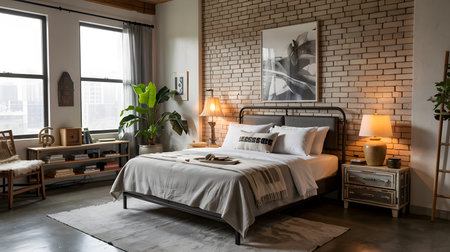 Industrial bedroom with metal bed frame, brick wall, white bedding, and bedside lamps. Clear deta...の写真素材