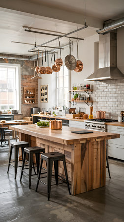 An industrial kitchen featuring a wooden island, hanging copper pots, brick wall, and stainless...の写真素材