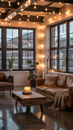 Cozy loft living room with leather sofa, coffee table, and warm string lights Clear details and v...の写真素材
