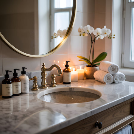 Marble bathroom vanity with gold faucet, toiletries, candles, and orchid. Clear details and vibra...の写真素材