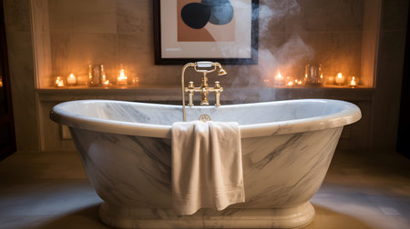 A marble bathtub with steam, lit candles, and framed artwork in the background. Clear details and...の写真素材