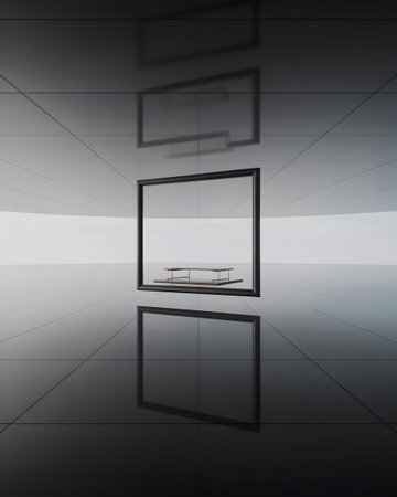 Minimalist interior with highly reflective surfaces and a floating empty frame casting a shadow.の写真素材