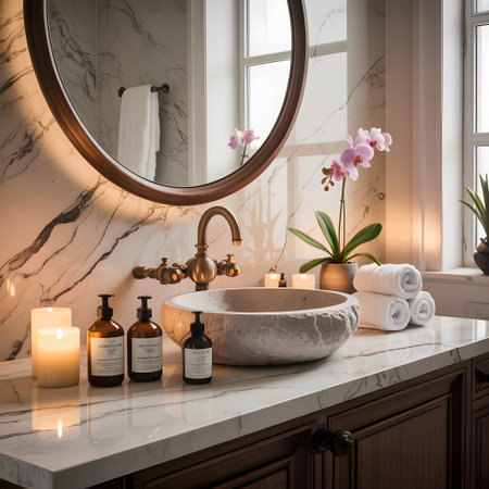 Marble bathroom vanity with vessel sink brass faucet orchid pink flowers and amber bottlesの写真素材