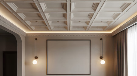 Modern interior with a coffered ceiling, blank picture frame, and wall-mounted lights. Clear deta...の写真素材