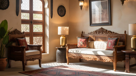 Sunlight showing ornate moroccan living room with carved furniture and sunlight. High resolution...の写真素材