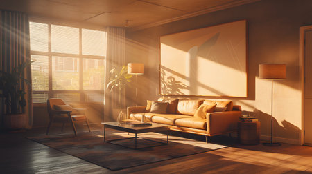 Warm sunlight streams through blinds onto a modern living room with a leather sofa and artwork.の写真素材