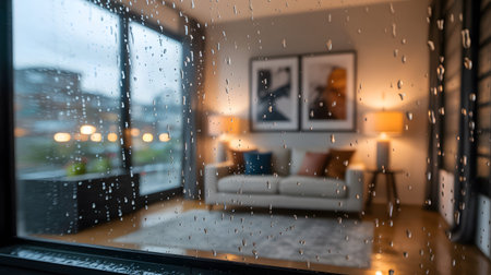 Raindrops on a window looking into a modern living room with framed art and lamps Clear details a...の写真素材