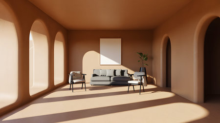 Minimalist interior with arched doorways, sofa, chairs, and natural light casting shadows.の写真素材