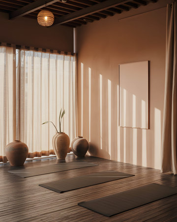 A serene yoga room featuring mats on a wooden floor, illuminated by sunlight filtering through...の写真素材