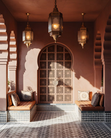 A Moroccan courtyard features ornate lanterns, arched doorways, patterned tiles, and cushioned...の写真素材