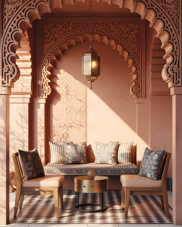 Seating showing moroccan style alcove seating area with ornate archways and lantern. High...の写真素材