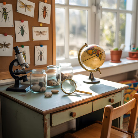 A science desk features a microscope, globe, magnifying glass, and insect illustrations.の写真素材