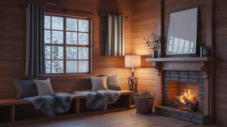Cozy log cabin interior with a lit fireplace, wooden bench, and a window view of snow. Clear deta...の写真素材