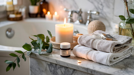 A close-up of a bathroom counter with a lit candle, stacked towels, and skincare products.の写真素材