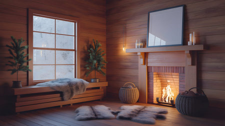 Rustic cabin interior with a lit fireplace, snowy window, and cozy furnishings. Clear details and...の写真素材