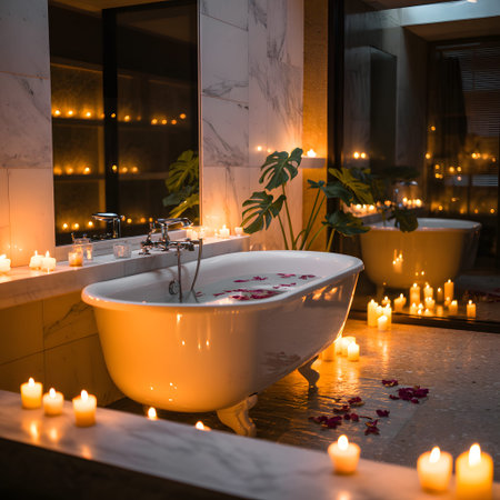 A clawfoot bathtub filled with water and rose petals surrounded by lit candles. Clear details and...の写真素材