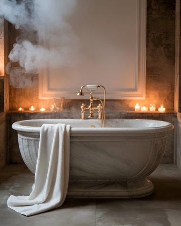 A marble bathtub with steam rising, surrounded by lit candles and a white towel. Clear details an...の写真素材