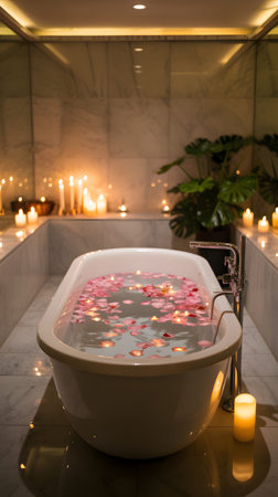 A white bathtub filled with water and pink rose petals, illuminated by numerous candles.の写真素材