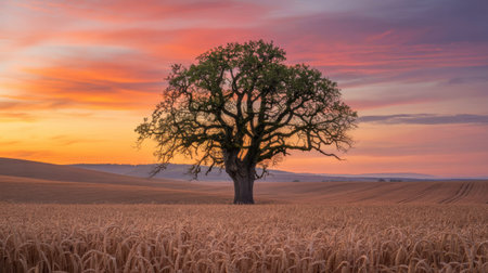 A photograph depicting a large, solitary oak tree standing in the center of a vast golden wheat field at sunset. The sky displays a vibrant blend of orange, pink, and purple hues. The tree's silhouette is stark against the colorful sky, creating a dramatic contrast. The overall mood is serene and peaceful, evoking a sense of tranquility and the beauty of nature. The image is sharply focused, with rich detail in both the tree and the wheat field.  The colors are warm and inviting, with the golden wheat contrasting beautifully with the fiery sunset.の写真素材