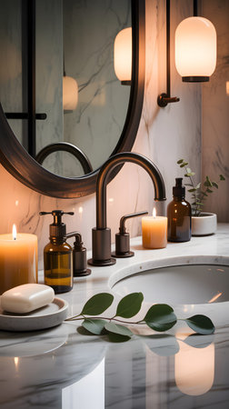 A serene bathroom vanity with a marble countertop, sink, faucet, soap, lit candles, and eucalyptus.の写真素材