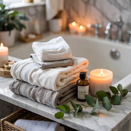 Stacked spa towels, a lit candle, and an essential oil bottle are arranged on a marble counter.の写真素材