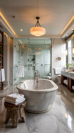 Marble showing marble bathroom with oval tub, glass shower, and vanity. High resolution image...の写真素材