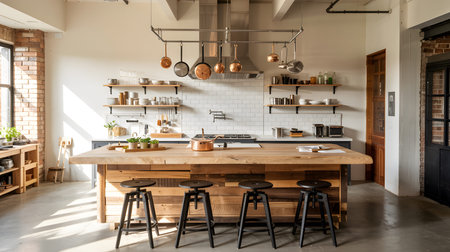 An industrial loft kitchen features a large wooden island with black stools. Clear details and vi...の写真素材