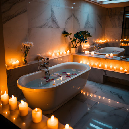 A white bathtub filled with water and flower petals is illuminated by numerous candles in a...の写真素材