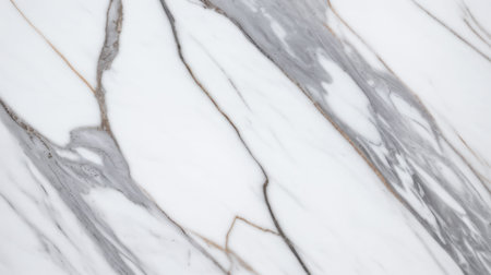 Close-up view of a polished white marble surface featuring prominent grey veining and subtle gold accents. The texture is smooth with a high-gloss finish.  The grey veins are irregular and dynamic, creating a visually interesting pattern across the white background.  The gold accents appear as thin, delicate lines within the grey veining.  The image is sharp and detailed, suitable for various design applications. The overall color palette is cool and sophisticated.の写真素材