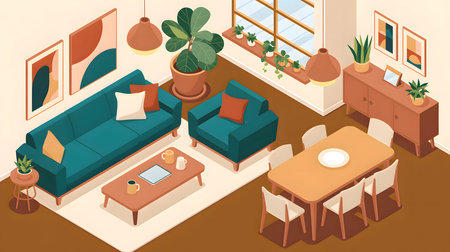 Isometric view of a living and dining room featuring a teal sofa, armchair, wooden dining table,...の写真素材
