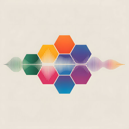 An abstract visualization of sound waves in a gradient of colors, arranged within and around...