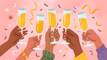 A group of diverse hands holding champagne glasses for a celebratory toast with scattered confetti.