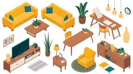 An isometric arrangement of yellow furniture and home decor including sofas, tables, chairs, and...の写真素材