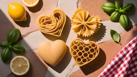 Pasta showing heart shaped pasta and lemon slices arranged with basil leaves on a patterned...