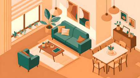 Isometric view of a living and dining room featuring teal furniture, warm orange tones, and...の写真素材